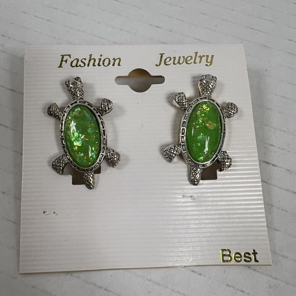 Vintage Best Pierced Turtle Earrings Silver Tone Faux Opal Silver Plated Green